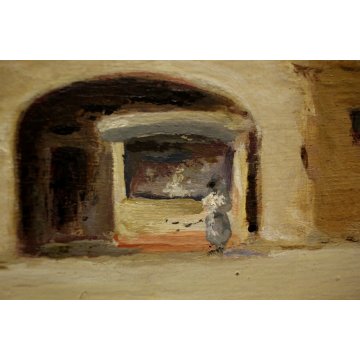 ANTICO QUADRO OLIO TAVOLA A. Poma PAESAGGIO VEDUTA BORGOSESIA P.za MAZZINI 1900