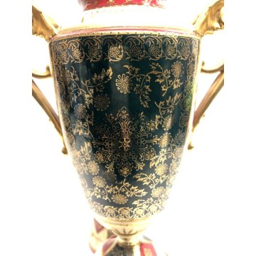 ANTICA COPPIA VASO PORCELLANA COPERCHIO MANICI CHIMERA ORO MEDAGLIONI ISTORIATI