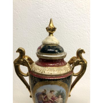 ANTICA COPPIA VASO PORCELLANA COPERCHIO MANICI CHIMERA ORO MEDAGLIONI ISTORIATI