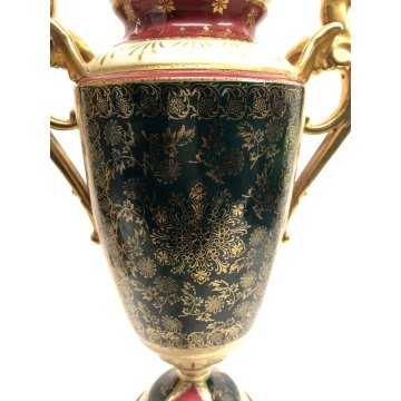 ANTICA COPPIA VASO PORCELLANA COPERCHIO MANICI CHIMERA ORO MEDAGLIONI ISTORIATI