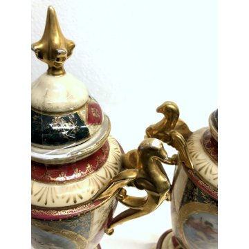 ANTICA COPPIA VASO PORCELLANA COPERCHIO MANICI CHIMERA ORO MEDAGLIONI ISTORIATI