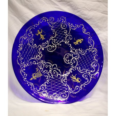 ANTICO RARO PIATTO VETRO MURANO BLU GLASS  DECORATO FIGURE DAMA CAVALIERI '800