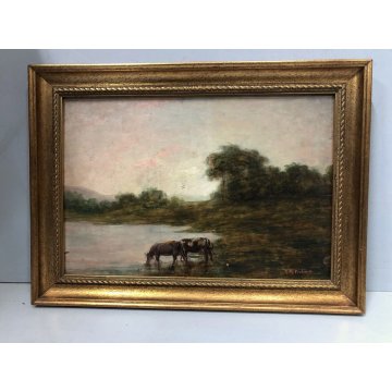 QUADRO OLIO TAVOLA G.B. Ciolina VEDUTA PAESAGGIO LACUSTRE MUCCHE Valle Vigezzo