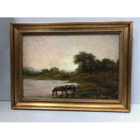 QUADRO OLIO TAVOLA G.B. Ciolina VEDUTA PAESAGGIO LACUSTRE MUCCHE Valle Vigezzo