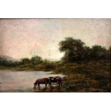 QUADRO OLIO TAVOLA G.B. Ciolina VEDUTA PAESAGGIO LACUSTRE MUCCHE Valle Vigezzo