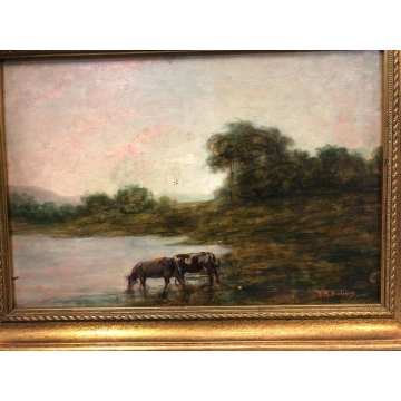 QUADRO OLIO TAVOLA G.B. Ciolina VEDUTA PAESAGGIO LACUSTRE MUCCHE Valle Vigezzo