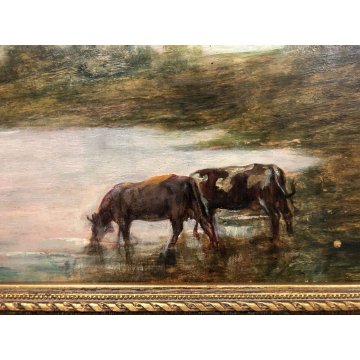 QUADRO OLIO TAVOLA G.B. Ciolina VEDUTA PAESAGGIO LACUSTRE MUCCHE Valle Vigezzo