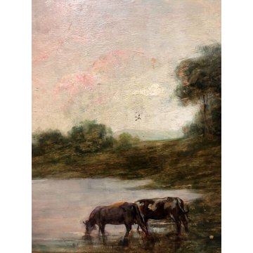 QUADRO OLIO TAVOLA G.B. Ciolina VEDUTA PAESAGGIO LACUSTRE MUCCHE Valle Vigezzo