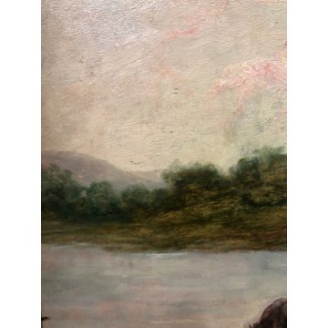 QUADRO OLIO TAVOLA G.B. Ciolina VEDUTA PAESAGGIO LACUSTRE MUCCHE Valle Vigezzo