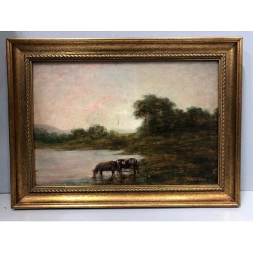QUADRO OLIO TAVOLA G.B. Ciolina VEDUTA PAESAGGIO LACUSTRE MUCCHE Valle Vigezzo