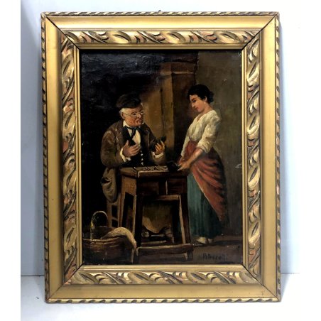 ANTICO QUADRO DIPINTO OLIO SCENA GENERE INTERNO MESTRIERE CALZOLAIO CIABATTINO