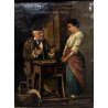 ANTICO QUADRO DIPINTO OLIO SCENA GENERE INTERNO MESTRIERE CALZOLAIO CIABATTINO