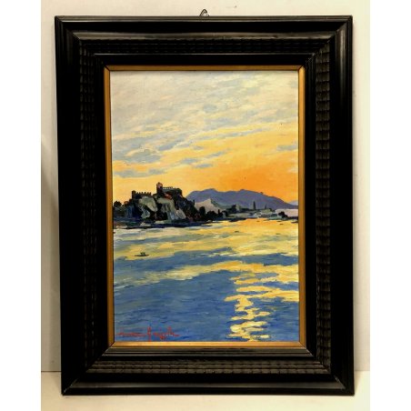 ANTICO QUADRO DIPINTO OLIO A. Gazzola VEDUTA ROCCA Castello Angera Lago Maggiore