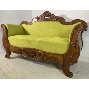 ANTICO DIVANO A BARCA LUIGI FILIPPO 1800 STOFFA VERDE LEGNO NOCE SOFA EPOCA