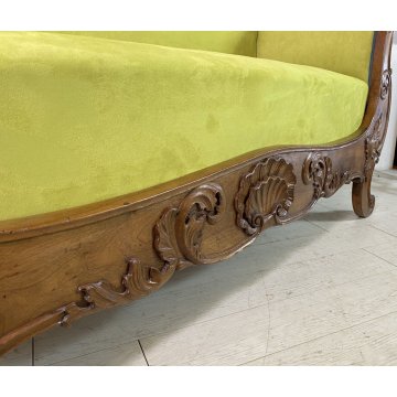 ANTICO DIVANO A BARCA LUIGI FILIPPO 1800 STOFFA VERDE LEGNO NOCE SOFA EPOCA