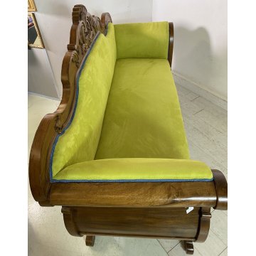 ANTICO DIVANO A BARCA LUIGI FILIPPO 1800 STOFFA VERDE LEGNO NOCE SOFA EPOCA