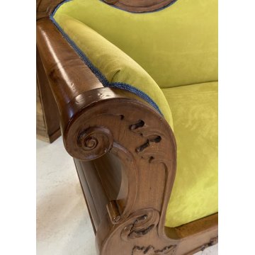 ANTICO DIVANO A BARCA LUIGI FILIPPO 1800 STOFFA VERDE LEGNO NOCE SOFA EPOCA