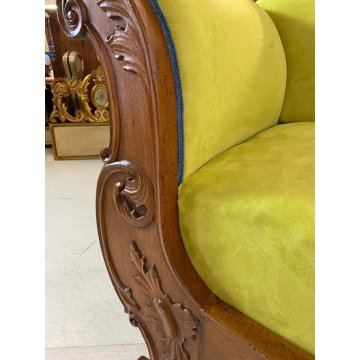 ANTICO DIVANO A BARCA LUIGI FILIPPO 1800 STOFFA VERDE LEGNO NOCE SOFA EPOCA