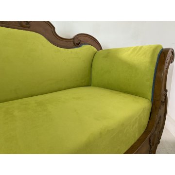 ANTICO DIVANO A BARCA LUIGI FILIPPO 1800 STOFFA VERDE LEGNO NOCE SOFA EPOCA