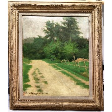 QUADRO DIPINTO OLIO TAVOLA A. E. Campestrini PAESAGGIO COLLINARE STRADA CAMPAGNA