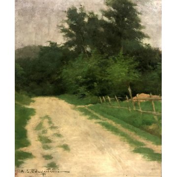 QUADRO DIPINTO OLIO TAVOLA A. E. Campestrini PAESAGGIO COLLINARE STRADA CAMPAGNA