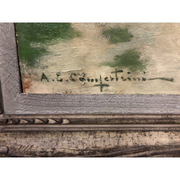 QUADRO DIPINTO OLIO TAVOLA A. E. Campestrini PAESAGGIO COLLINARE STRADA CAMPAGNA