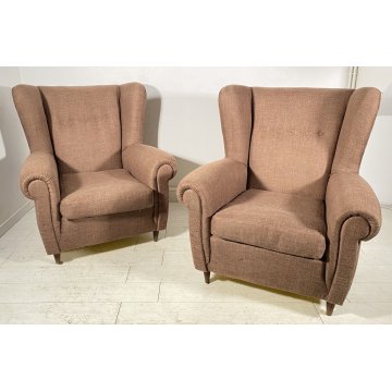 COPPIA POLTRONA ORECCHIE TOFFA MARRONE DEDIGN VINTAGE ARMCHAIR ANNI '50 LEGNO