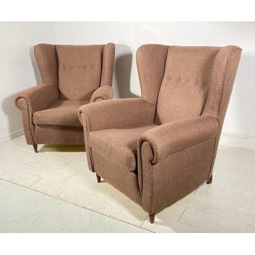 COPPIA POLTRONA ORECCHIE TOFFA MARRONE DEDIGN VINTAGE ARMCHAIR ANNI '50 LEGNO