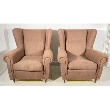 COPPIA POLTRONA ORECCHIE TOFFA MARRONE DEDIGN VINTAGE ARMCHAIR ANNI '50 LEGNO