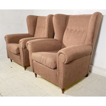 COPPIA POLTRONA ORECCHIE TOFFA MARRONE DEDIGN VINTAGE ARMCHAIR ANNI '50 LEGNO