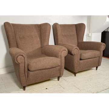 COPPIA POLTRONA ORECCHIE TOFFA MARRONE DEDIGN VINTAGE ARMCHAIR ANNI '50 LEGNO