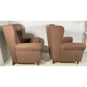 COPPIA POLTRONA ORECCHIE TOFFA MARRONE DEDIGN VINTAGE ARMCHAIR ANNI '50 LEGNO
