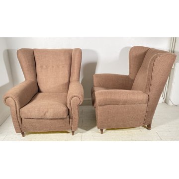 COPPIA POLTRONA ORECCHIE TOFFA MARRONE DEDIGN VINTAGE ARMCHAIR ANNI '50 LEGNO