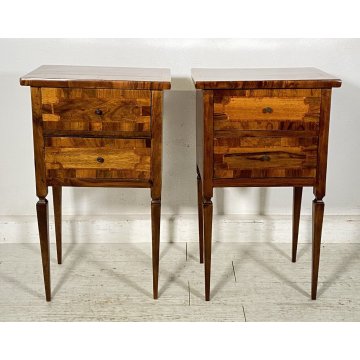 ANTICA COPPIA COMODINO LUIGI XVI INTARISATO LEGNO NOCE 1800 CAMERA LETTO EPOCA