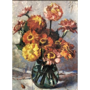 QUADRO OLIO TAVOLA Corrado Michelozzi NATURA MORTA VASO di FIORI