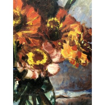 QUADRO OLIO TAVOLA Corrado Michelozzi NATURA MORTA VASO di FIORI