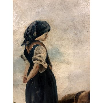 ANTICO QUADRO DIPINTO OLIO P. Arati PASTORELLA GREGGE  FANCIULLA PECORE 1907