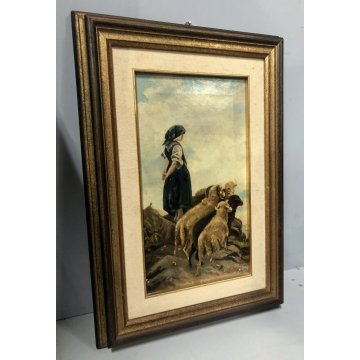 ANTICO QUADRO DIPINTO OLIO P. Arati PASTORELLA GREGGE  FANCIULLA PECORE 1907