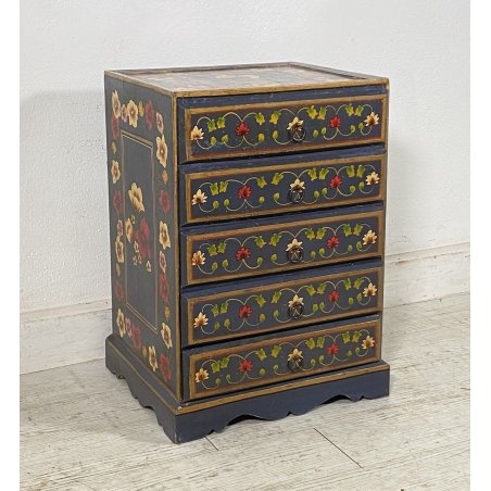 ANTICO COMODINO TIROLESE ANNI 50 LEGNO LACCATO 5 CASSETTI CASSETTIERA CREDENZA