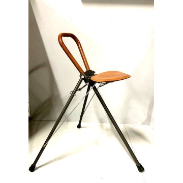 SEDILE PIEGHEVOLE PORTATILE BASTONE METALLO CUOIO VINTAGE FOLDING SEAT UK '50/60