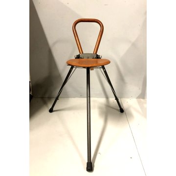 SEDILE PIEGHEVOLE PORTATILE BASTONE METALLO CUOIO VINTAGE FOLDING SEAT UK '50/60