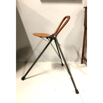 SEDILE PIEGHEVOLE PORTATILE BASTONE METALLO CUOIO VINTAGE FOLDING SEAT UK '50/60