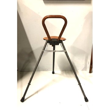 SEDILE PIEGHEVOLE PORTATILE BASTONE METALLO CUOIO VINTAGE FOLDING SEAT UK '50/60