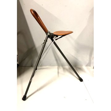 SEDILE PIEGHEVOLE PORTATILE BASTONE METALLO CUOIO VINTAGE FOLDING SEAT UK '50/60