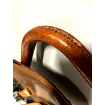 SEDILE PIEGHEVOLE PORTATILE BASTONE METALLO CUOIO VINTAGE FOLDING SEAT UK '50/60