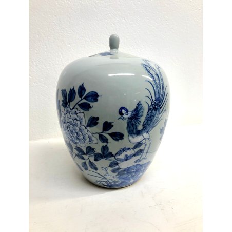 ANTICO VASO CINESE PORCELLANA CELADON con COPERCHIO DECORO BLU BIANCO PEONIE 900