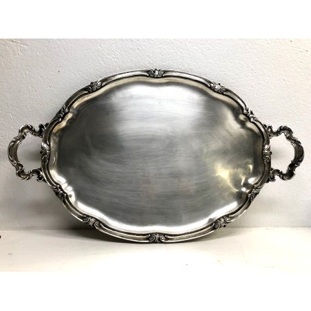 GRANDE VASSOIO SERVIZIO PORTATA OVALE VINTAGE OTTONE ARGENTATO DECORO FOGLIE 900