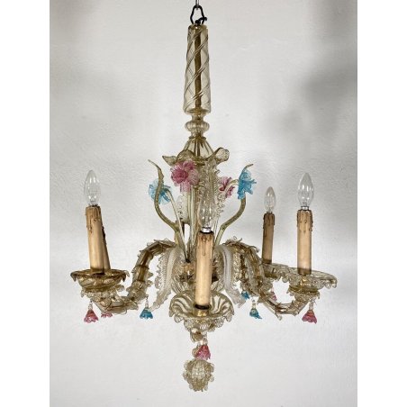 PICCOLO LAMPADARIO CA' REZZONICO VETRO MURANO 1900 FOGLIE 6 LUCI VENEZIA FERRO