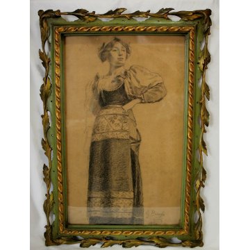 ANTICO DISEGNO su CARTA Gioacchino Banfi RITRATTO FIGURA DONNA MILANO 1870