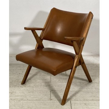 POLTRONA DESIGN DAL VERA ANNI 50/60 LEGNO PELLE ARMCHAIR VINTAGE SOFA
